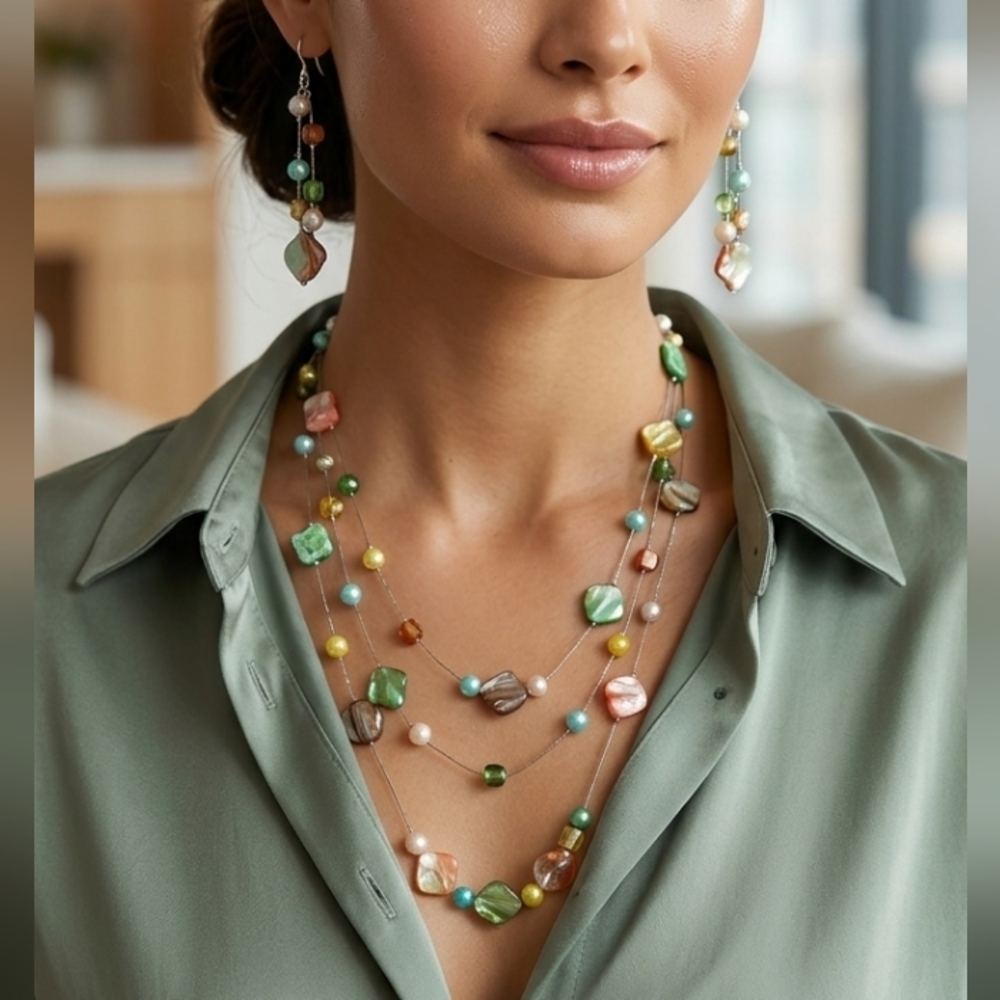 Organic & Synthetic Colorful Earrings & Necklace Set